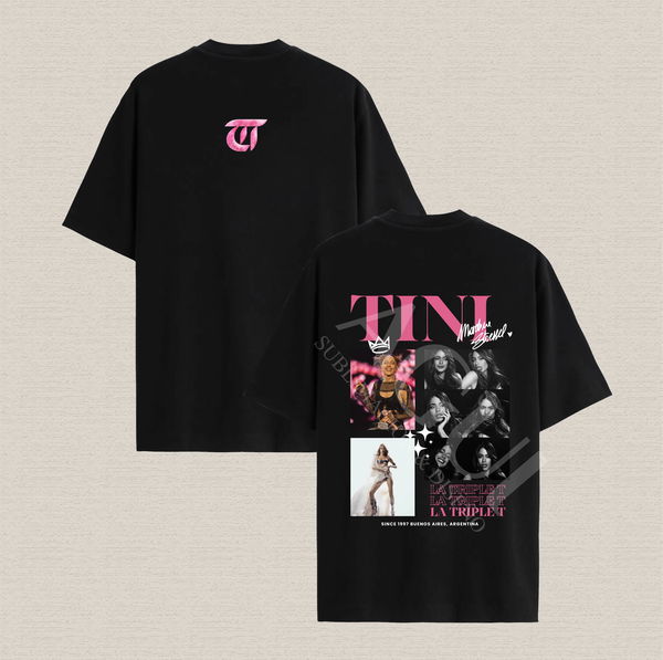 Remera negra con diseño Tini tiple T fucsia algodón premium estampado dtf