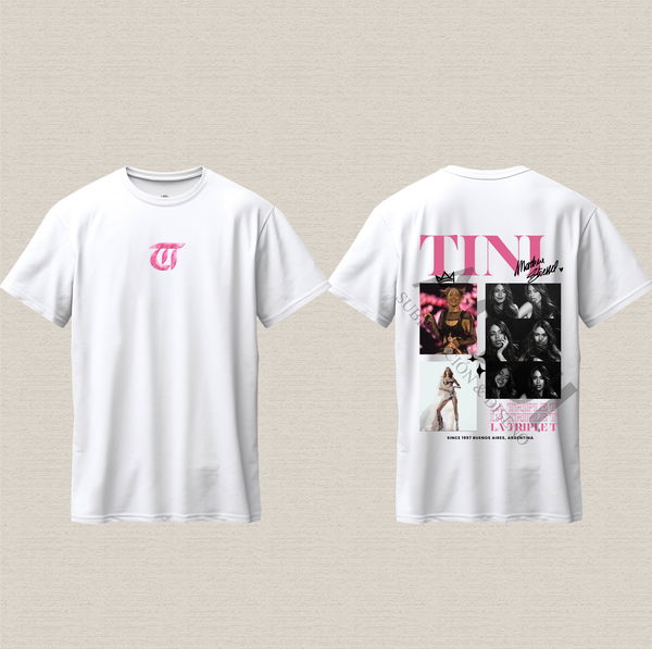 Remera blanca con diseño Tini tiple T fucsia algodón premium estampado dtf