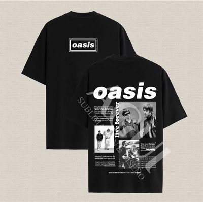 Remera negra con diseño oasis live forever de algodón premium estampado dtf