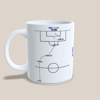 Taza de cerámica con diseño de las dos jugadas de gol, "el dualipazo" boca-river