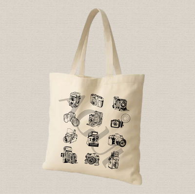 Tote bag de lienzo 35x40cm diseño de cámaras en negro estampado dtf