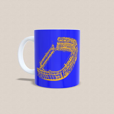 Taza de cerámica con diseño de la bombonera "boca, boca, boooca" fondo azul