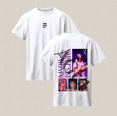 Remera blanca con diseño Maria Becerra en violeta algodón premium estampado dtf