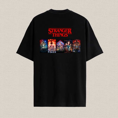 Remera negra con diseño Stranger Things 5 de algodón premium estampado dtf