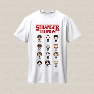 Remera blanca con diseño Stranger Things  funko pop de algodón premium estampado dtf
