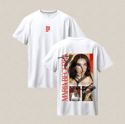 Remera blanca con diseño Maria Becerra en tono naranja algodón premium estampado dtf