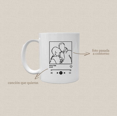Taza de cerámica sublimada personalizada con diseño "foto pasada a contorno+canción"
