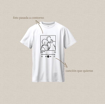 Remera de algodón estampada personalizada con diseño "foto pasada a contorno+canción"