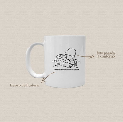 Taza de cerámica sublimada personalizada con diseño "foto pasada a contorno+frase"