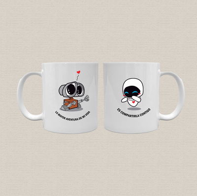 Taza de cerámica con diseño de wally y eva
