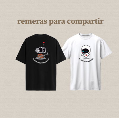 2 remeras de algodón estampadas con diseño de wally y eva para compartir