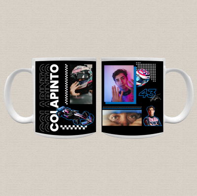 Taza de cerámica sublimada con diseño de Colapinto de la fórmula 1 fondo negro