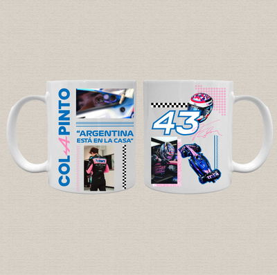 Taza de cerámica sublimada con diseño de Colapinto de la fórmula 1 celeste y rosa