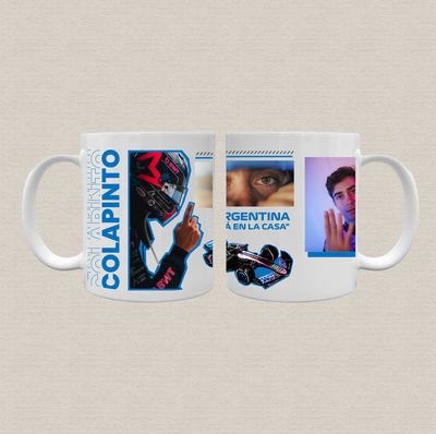 Taza de cerámica sublimada con diseño de Colapinto de la fórmula 1