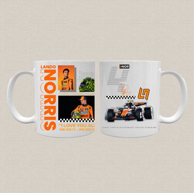 Taza de cerámica sublimada con diseño de Lando Norris de la fórmula 1