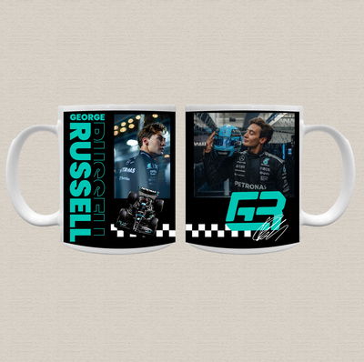 Taza de cerámica sublimada con diseño de George Russell de la fórmula 1 fondo negro