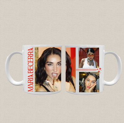 Taza de cerámica con diseño Maria Becerra en naranja