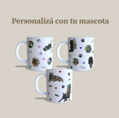 Taza de cerámica personalizada con tu mascota sublimada (collage+huellita+huesitos)