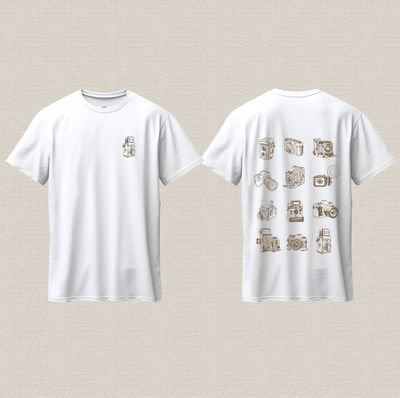 Remera blanca con diseño de cámaras de algodón premium estampado dtf