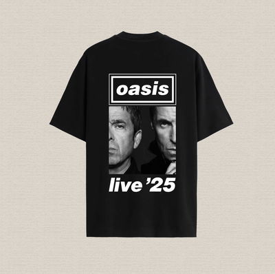 Remera negra con diseño oasis live´25 de algodón premium estampado dtf