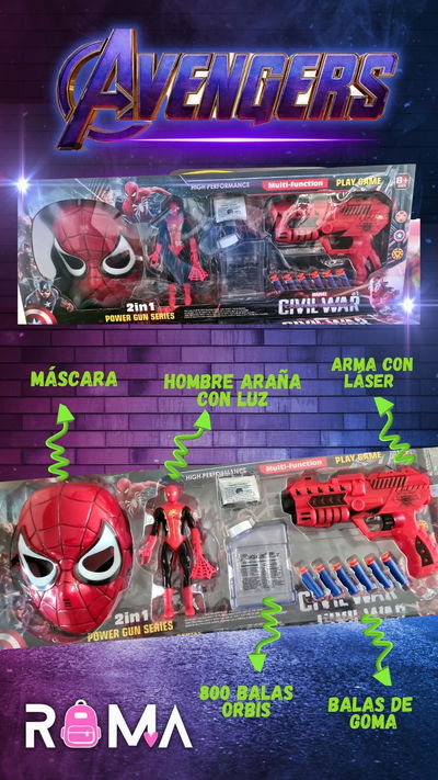 Spiderman con luces + máscara + arma con láser + balas orbis+balas punta ventosa