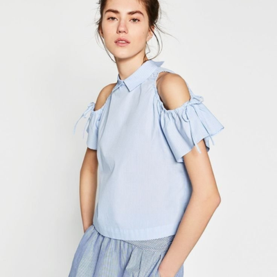 ZARA - Camisa celeste hombros descubiertos talle S nueva con etiqueta