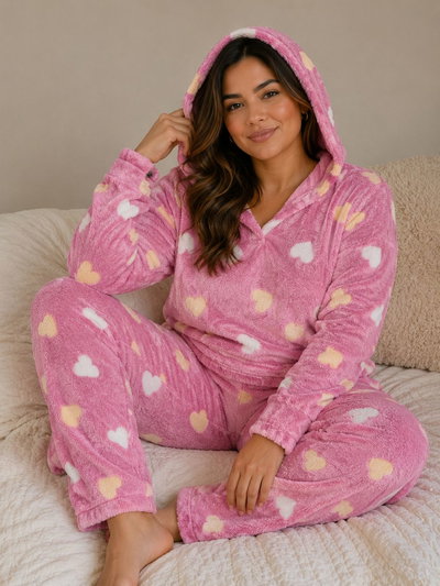 Pijama peluche con capucha -ROSA CORAZON-