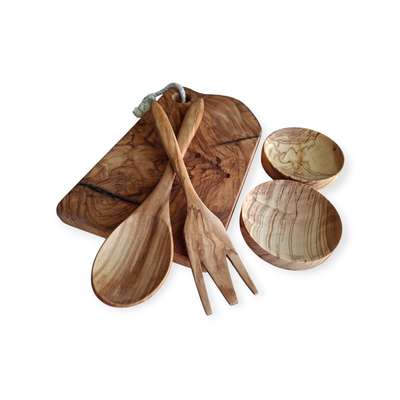 Tabla + 2 utensilios + 2 mini platitos de Olivo 