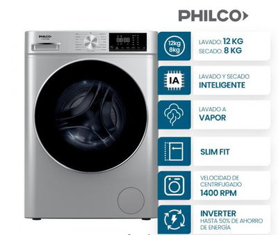 LAVASECARROPAS PHILCO PHLS128-2GSN 12KG SILVER