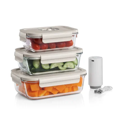 SET 3 ENVASES DE VIDRIO CON BOMBA PARA VACIO MARMICOC