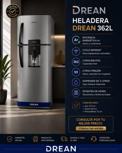 HELADERA DREAN HDR370F61E 362 LTS. C/DISPENSER