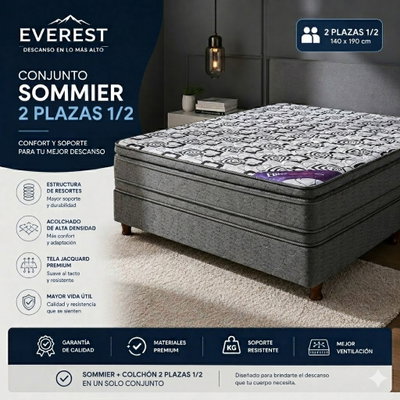 CONJUNTO SOMMIER EVEREST 2 1/2 PALZA 140 X 190