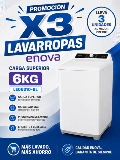 PROMOCIÓN X 3 LAVARROPAS ENOVA CARGA SUPERIOR 6KG BLANCO LE06S10-BL