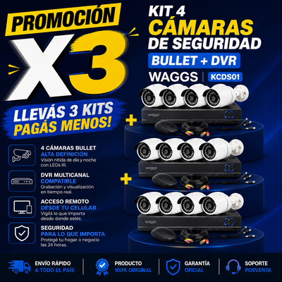 PROMOCIÓN X 3 KIT 4 CAMARAS DE SEGURIDAD BULLET + DVR WAGGS KCDS01