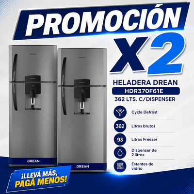 PROMOCIÓN X 2 HELADERA DREAN HDR370F61E 362 LTS. C/DISPENSER