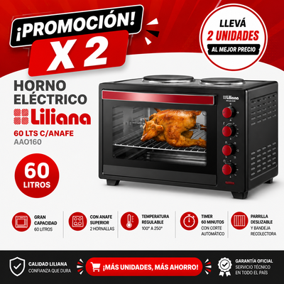 PROMOCIÓN X 2 HORNO ELÉCTRICO LILIANA 60 LTS C/ANAFE AAO160