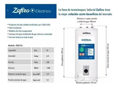 TERMOTANQUE SEÑORIAL ZAFIRO 95LTS ELÉCTRICO CARGA SUPERIOR TESZP-95
