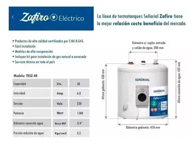TERMOTANQUE SEÑORIAL 40LTS ELÉCTRICO CARGA SUPERIOR