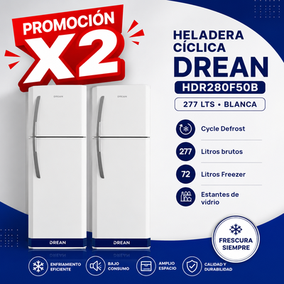 PROMOCIÓN X 2 HELADERA CÍCLICA DREAN HDR280F50B 277 LTS BLANCA