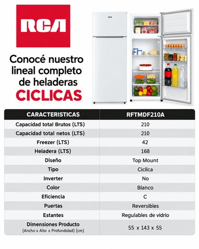 HELADERA TOP MOUNT RCA 210 LTS RFTMD210AB