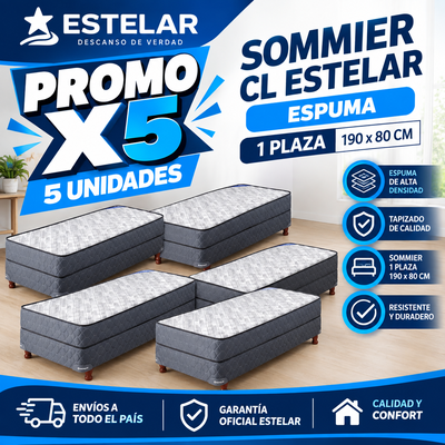 PROMO X 5 SOMMIER CL ESTELAR ESPUMA 1 PLAZA 190 X 80 CM