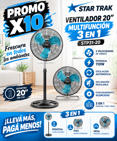 PROMO X10 VENTILADOR 20 STAR TRAK MULTIFUNCIÓN 3 EN 1 STP31-20