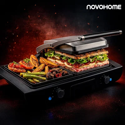 PARRILLA GRILL CON TAPA PRENSA Y PLANCHA NOVOHOME NH-GRP600