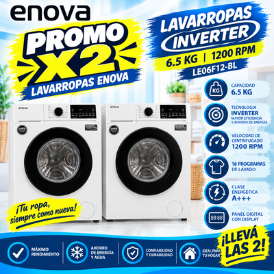 PROMO X 2 LAVARROPAS ENOVA 6.5 KG INVERTER 1200 RPM LE06F12-BL