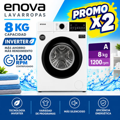 PROMO X 2 LAVARROPAS ENOVA INVERTER 8 KG 1200 RPM LE08F12-BL