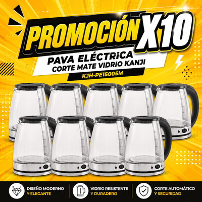 PROMOCIÓN X 10 PAVA ELÉCTRICA CORTE MATE VIDRIO KANJI KJH-PE15005M