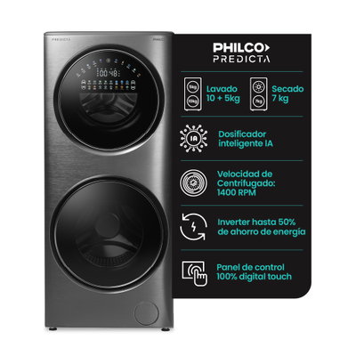TORRE LAVASECARROPAS CON IA PHILCO PREDICTA 15KG/7KG CARGA FRONTAL DARK INOX PHLFT157GT