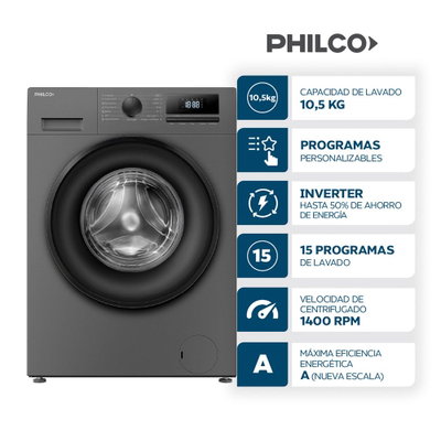 LAVARROPAS PHILCO 10,5 KG INVERTER TITANIUM 1400 RPM PHLF1054DGN