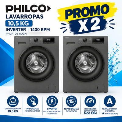 PROMO X 2 LAVARROPAS PHILCO 10,5 KG INVERTER TITANIUM 1400 RPM PHLF1054DGN