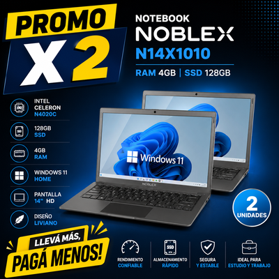 PROMO X 2 NOTEBOOK N14X1010 RAM 4Gb SSD 128GB NOBLEX 94N14X1010